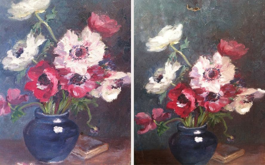 Avant / Après : restauration d’un tableau de fleurs à l’huile Découvrez la transformation spectaculaire de ce tableau de fleurs à l’huile grâce à une restauration professionnelle : couleurs ravivées et détails révélés.