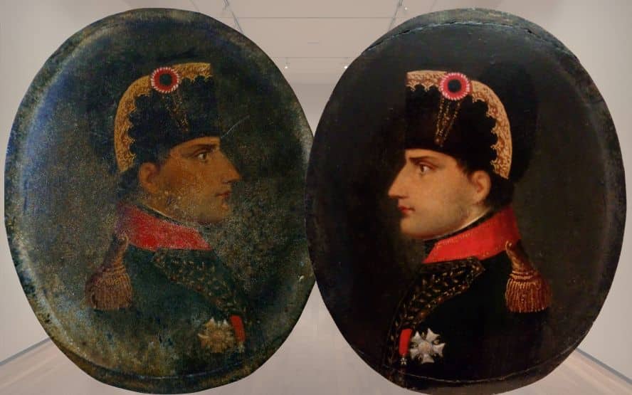 Avant et après restauration d’un portrait sur bois représentant Napoléon, montrant la différence entre l’œuvre abîmée et l’œuvre restaurée.
